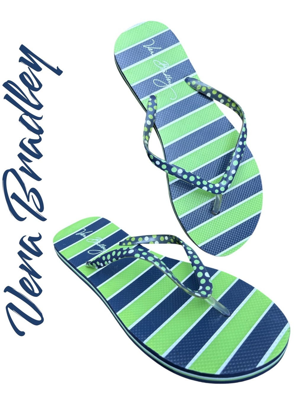 Vera Bradley Women’s 9/10 Navy & Green Striped Polka Dot Flip Flops NWOT